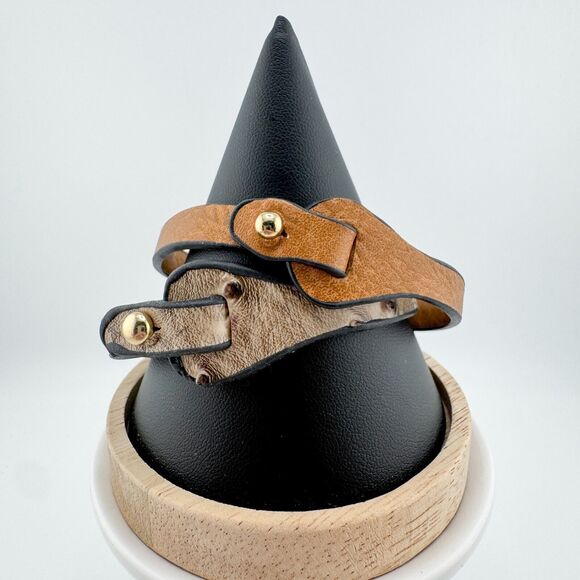 2 Faux Leather Belt Bracelets Ostrich Tan Brown Casual Minimalist Preppy - Picture 1 of 9